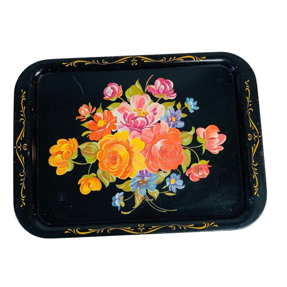 Rustic Floral Metal Serving Tray Decorative VTG Farmhouse Farmers Market Kitchen